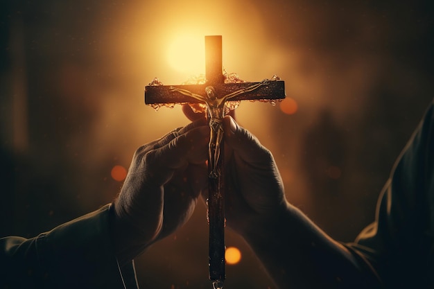 Christianity hands holding religious cross Pray to god