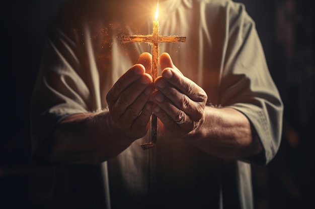 キリスト教の手は宗教的な十字架を持つ神に祈ります