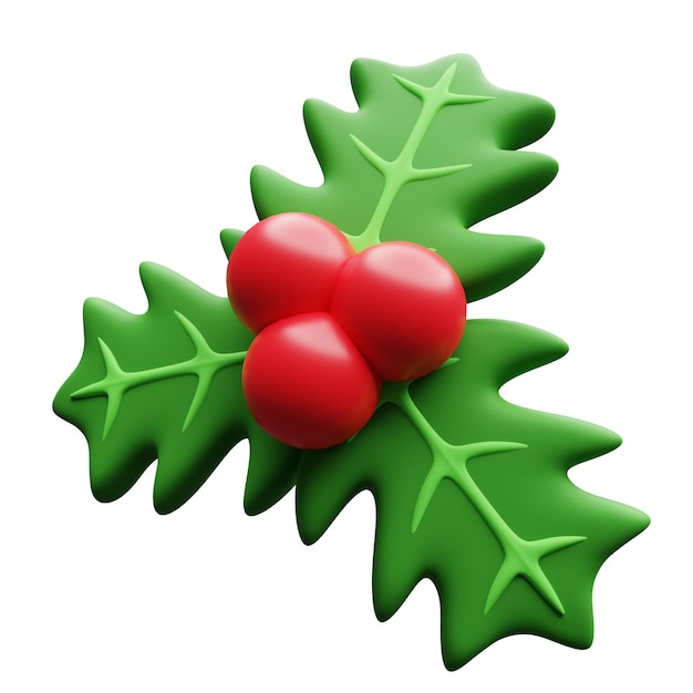 christmas 3 mistletoe leaves with red berry 3d rendering illustration christmas decoration ornament