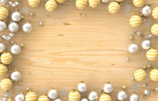 Рамка границы украшения рождества 3d с шариком рождества, снежинкой на деревянной предпосылке. рождество, зима, новый год. плоская планировка, вид сверху, copyspace.