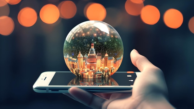 Foto globo di natale 3d con decorazione della casa sullo smartphone