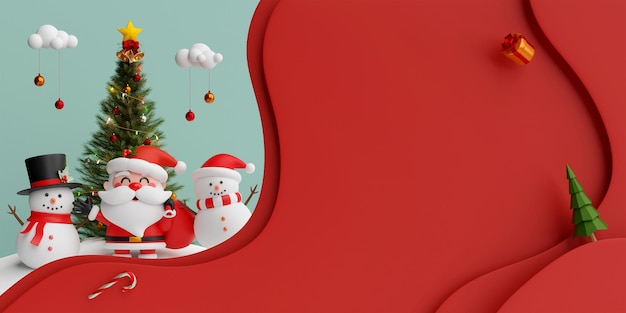 クリスマス 3 d イラスト紙カット スタイル サンタ クロースとクリスマス ツリーと雪だるま