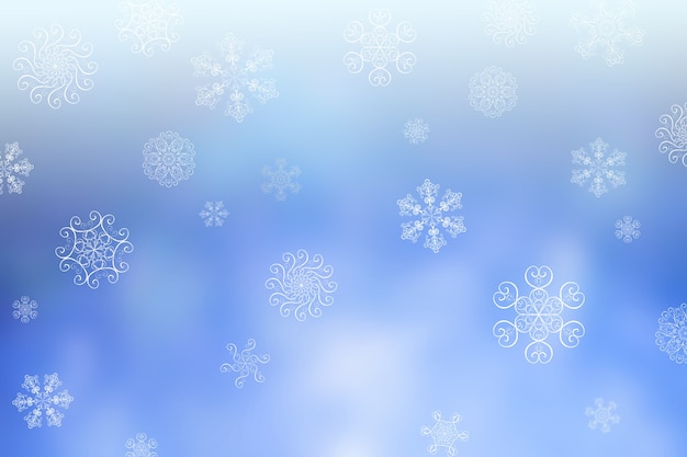 Christmas abstract blur winter falling snow blue horizontal bokeh background with unique snowflakes. Blurred beautiful shiny lights. Christmas and New Year holidays background. Space for text.