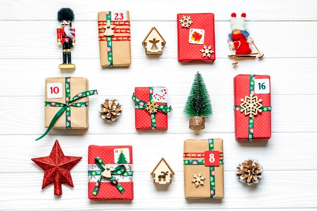 Christmas advent calendar concept Top view Flat lay Holiday card