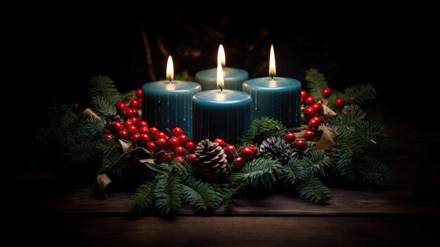 Christmas Advent wreath with 4 burning candles Decorated Advent wreath from fir and evergreen branches with burning candles
