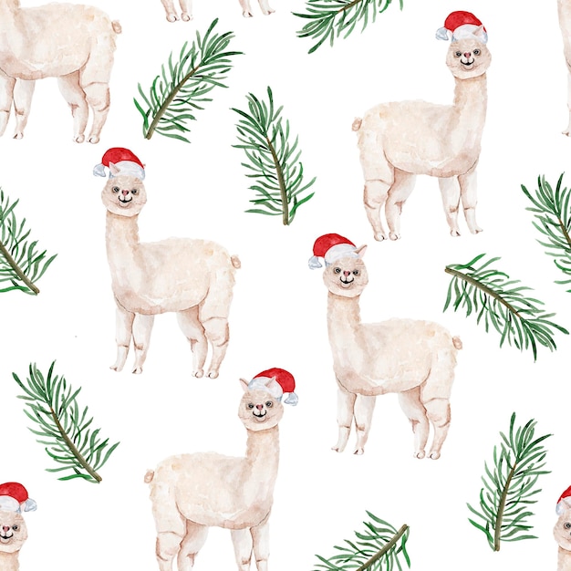 Christmas alpaca and fir branches watercolor seamless pattern