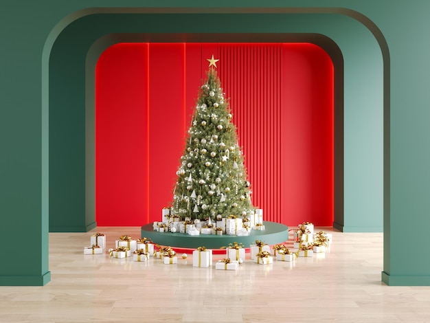 写真 クリスマスと新年あけましておめでとうございます 空の部屋のインテリアとポディアウムの緑と赤の壁 3dレンダリング