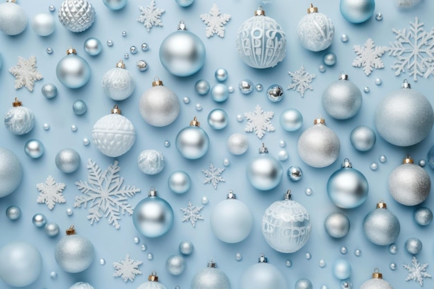 Фото Рождество и новый год расположение различных белых и синих рождественских шаров и снежинки на пастельно-синем трендовом монохромном дискретном цвете праздничная карточка верхний вид горизонтальный формат сгенерированный ии