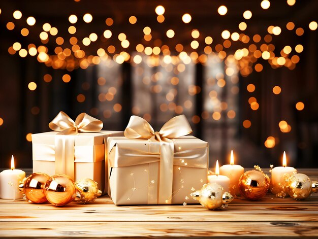 写真 クリスマスと新年のギフトボックス - 金色のボールとスターパインコーンとキャンドルライトボークの枝