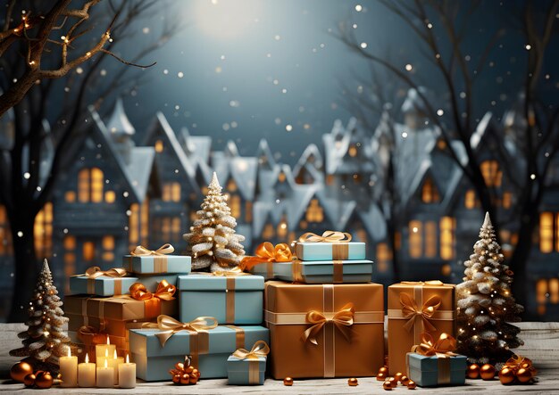 Фото Рождественские и новогодние подарочные коробки золотые шары и звездные сосновые конусы в снегу с маяком боке