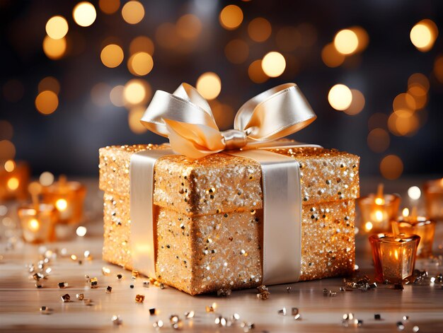 사진 크리스마스 및 새해 선물 상자 황금 공과 보케 조명과 함께 눈에 별 소나무 코너