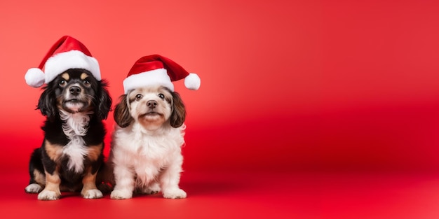 Фото Рождественская и новогодняя открытка собака в шляпе санта-клауса изолирована на красном фоне