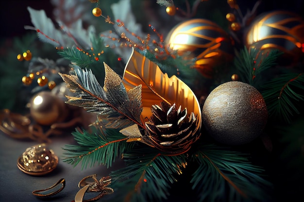 Christmas arrangement of New Year and Christmas withf fir branches and decoration generative ai