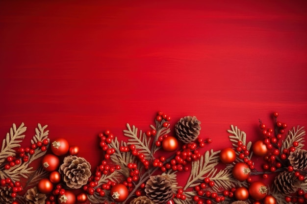 Фото Рождественское расположение ветвей с красными ягодами и конусами на красном фоне рождественский фон праздничный шаблон для карт мок-ап копирование пространства верхний вид горизонтальный формат сгенерированный ии