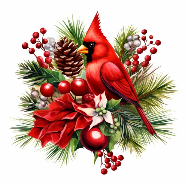 추기경 새와 함께 크리스마스 배열 <unk> 가지 포인세티아 볼 꽃걸이와 종 즐거운 클립