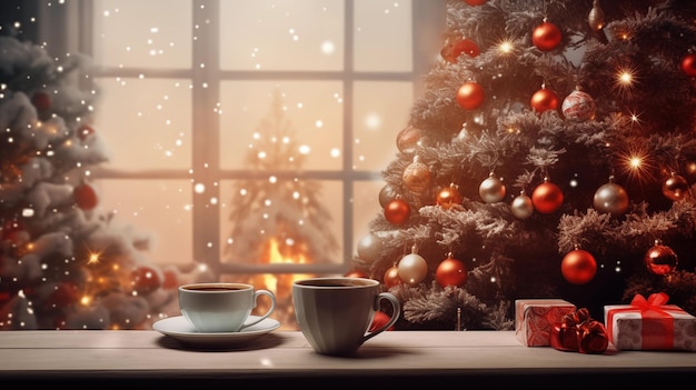 Christmas backdrop with coffee and coffee cup on a table and christmas tree and Chimney in backgroun