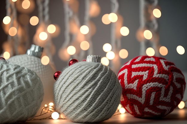 Photo christmas backdrop with knitted motif and cozy christmas balls