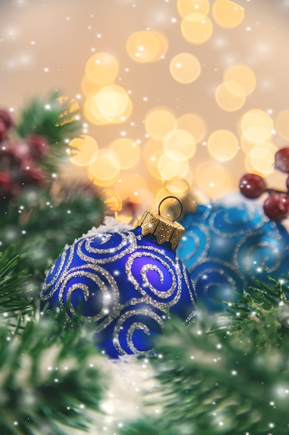 Christmas background and beautiful decor. New Year. Selective focus. Holiday.