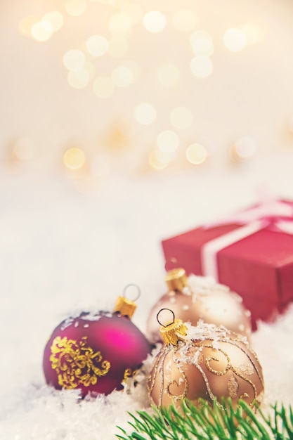 Christmas background and beautiful decor. New Year. Selective focus. Holiday.