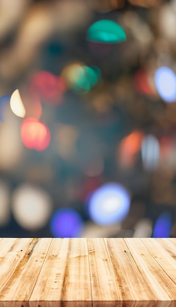 Christmas background and blurred light bokeh with empty wooden deck table for product montage mockup