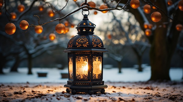 写真 クリスマスの背景に燃えるランタンのろうそくは,凍った杉の枝で装飾されています.