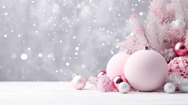 Christmas background Christmas pink glass balls with tree in it on winter background