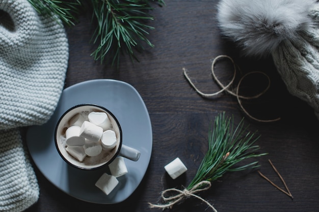 Christmas background. A coffee cup with marshmallows, a knitted scarf and a cap, a gray color, twigs of a Christmas tree, view from above