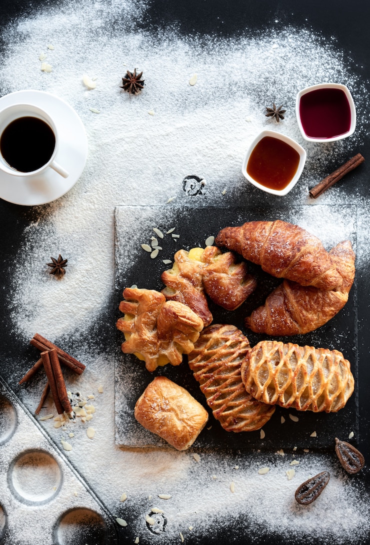 Christmas background. Cup of coffee, bakery. 