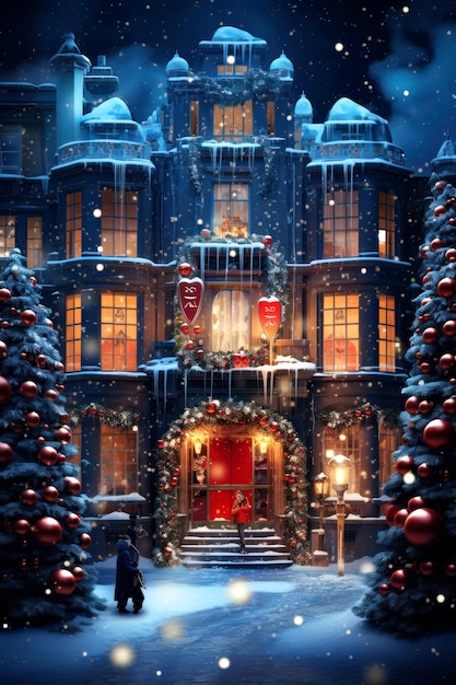 クリスマスの背景に飾られた雪のクリスマスの家