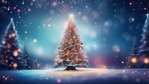 Рождественский фон с высокой рождественской елкой и яркими безделушками, мерцающими огнями