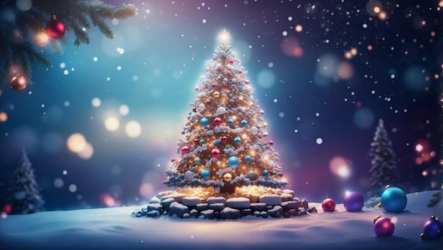 Christmas background design with towering christmas tree with vibrant baubles twinkling lights