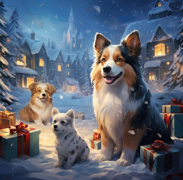Christmas background dogs with New Year's gifts wallpaper or postcard 2024