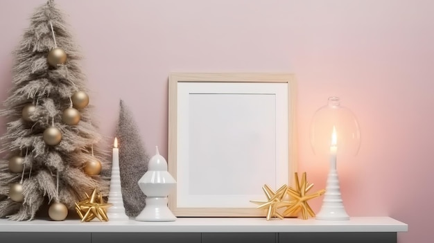 Christmas background empty wooden picture frame mock up and decoration Generative Ai