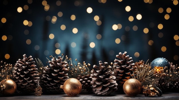 Рождественский фон с древесными ветвями, сосновыми шишками и огнями, созданными ИИ