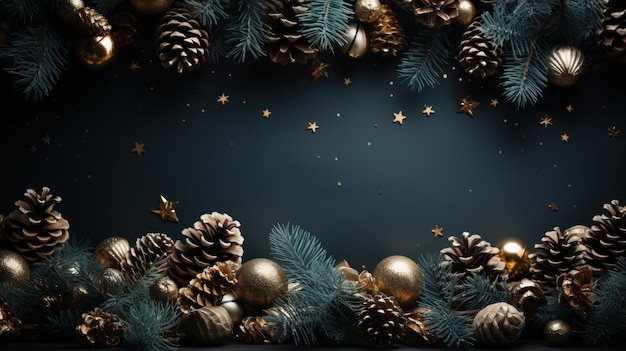 Christmas background featuring with fir branches pine cones and lights AI generated