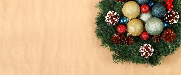 Christmas background Festive wreath with Christmas balls top view