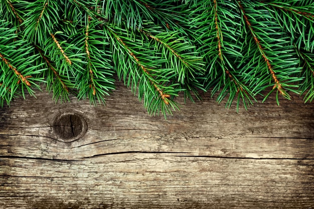 Christmas background of fir tree on old vintage wooden board copy space for text top view