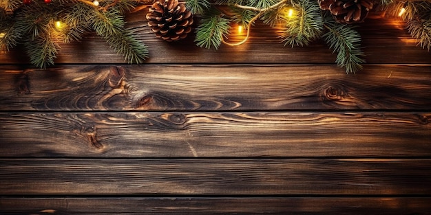 Christmas background of fir twigs decorated with fairy lights on dark brown wood frame with copy space