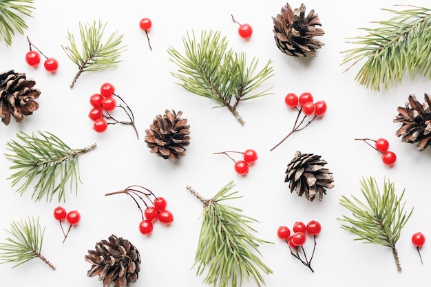 Christmas background floral pattern of pine tree branches and cones on white background flat lay texture