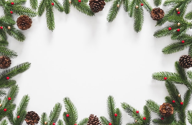 Christmas background, frame with fir branches tree pinecone