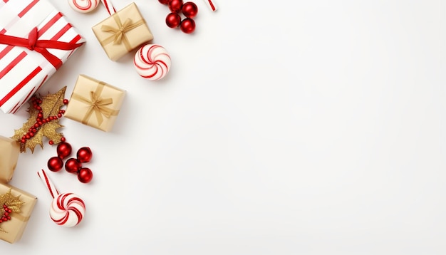 Фото Рождественский фон рамка с подарочной коробкой и конфетами верхний вид на белом фоне