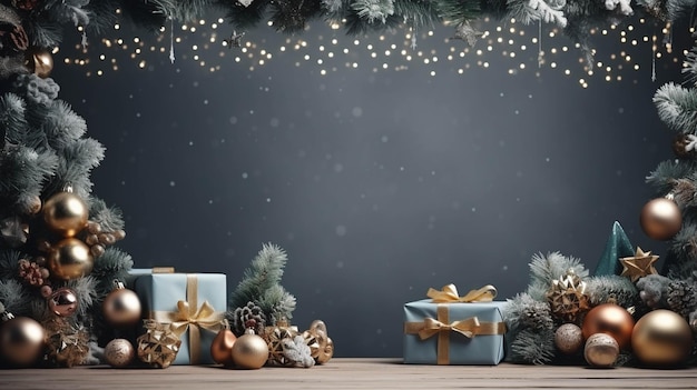 christmas background frame with with gold and silver gifts on dark background