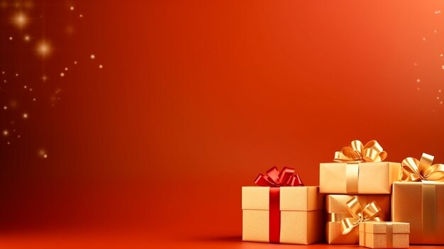 Christmas background and gold presents on a red background