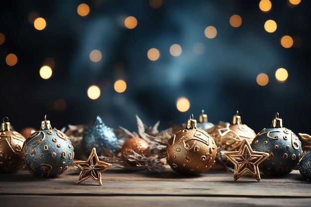 Christmas background golden stars and blue balls on bokeh effect background copy space for text