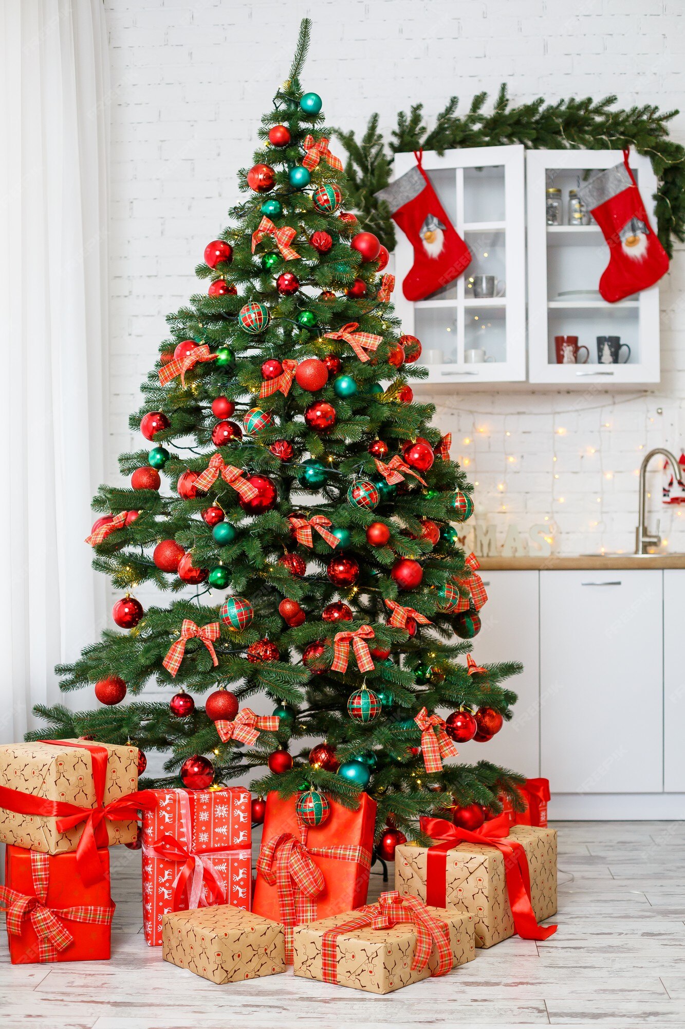 Premium Photo | Christmas background: green tree decorated with ...