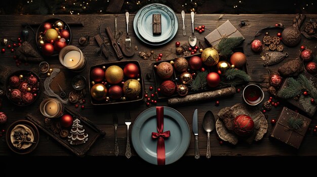 Christmas background or greeting card. Christmas presents in red box on dark table with festive decorations. Top view with copy space.