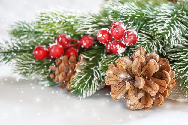 Christmas background greeting card with beautiful decor. Selective focus. Holiday.