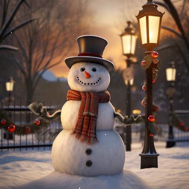 Christmas background image showcasing a cheerful snowman Photorealistic illustration