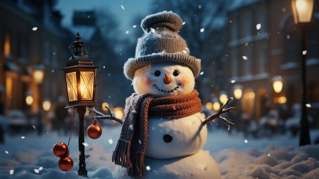 Christmas background image showcasing a cheerful snowman Photorealistic illustration