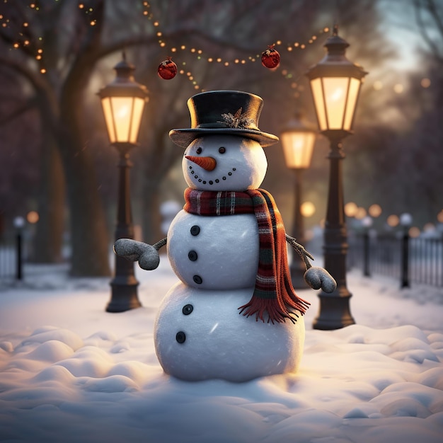 Foto immagine di sfondo natalizia che mostra un uomo di neve allegro illustrazione fotorealista